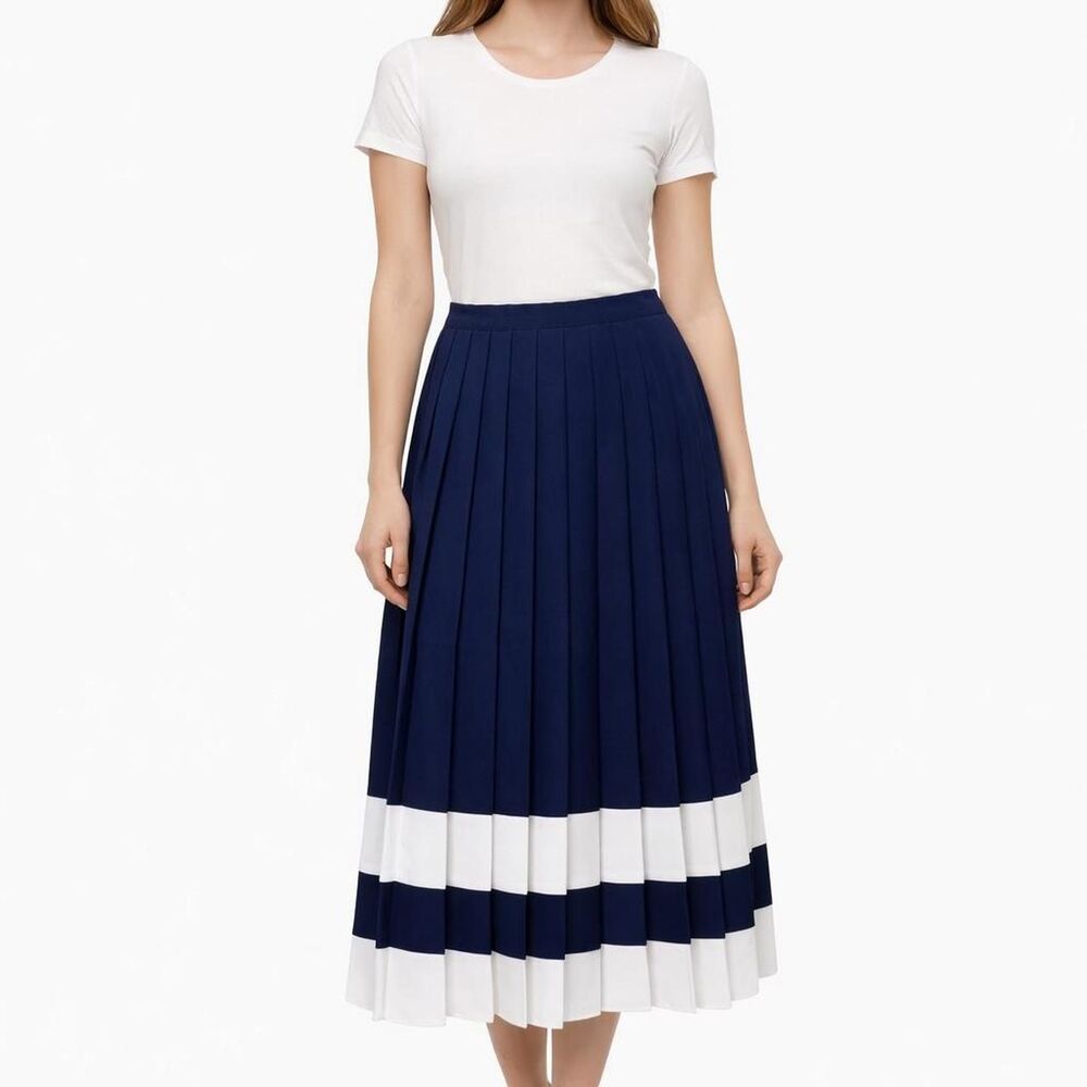 Vtg Navy Blue White Pleated Skirt Small Waist 26 Preppy Coquette Nautical Modest